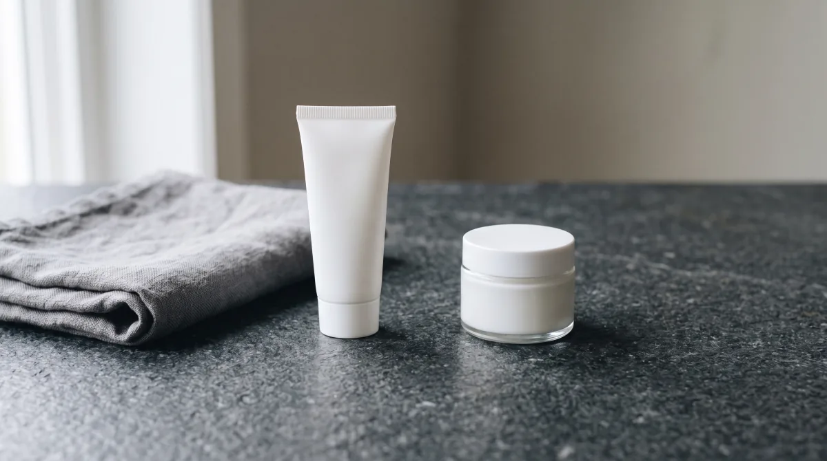 A plain white tube and a small white jar beside a folded grey cloth on a dark stone counter