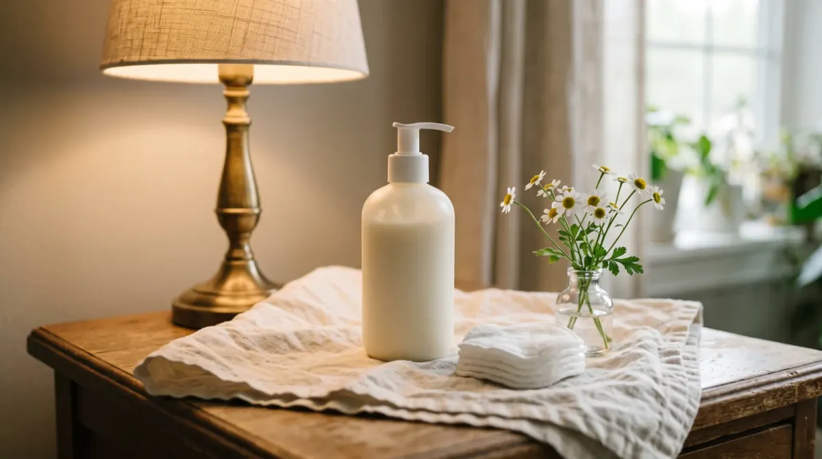 A white pump bottle of gentle lotion and a stack of cotton pads on a linen cloth beside a small glass vase of chamomile flowers and a table lamp