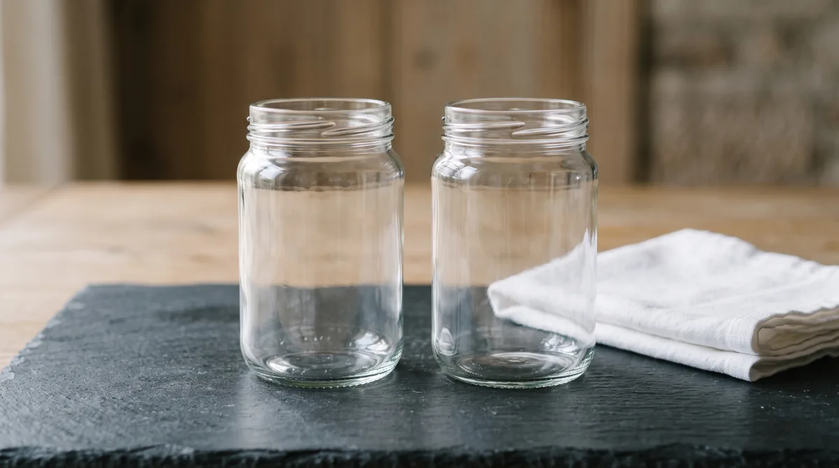 Two plain glass jars side by side on a grey slate surface beside a folded white cloth