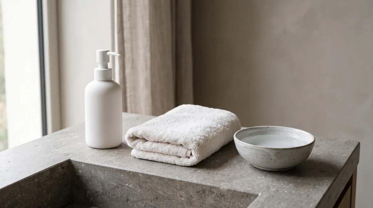 A plain white pump bottle, a folded white towel and a small ceramic bowl of water on a stone counter beside a window