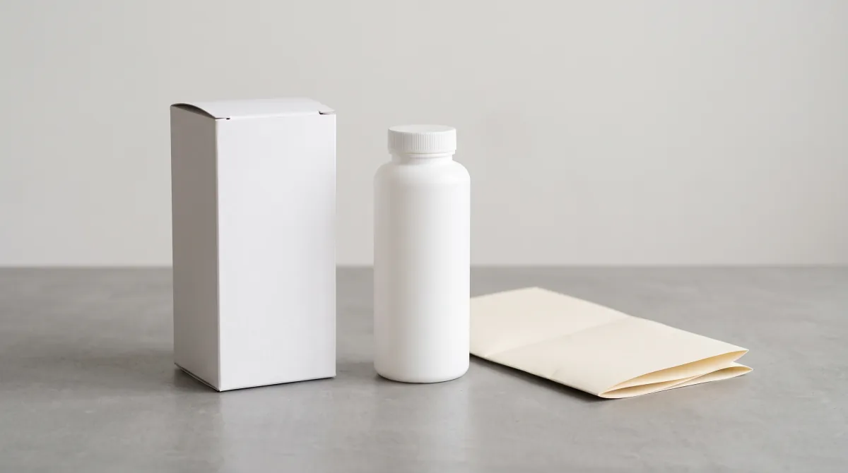 A blank white carton and a plain bottle standing on a grey surface beside a folded paper insert
