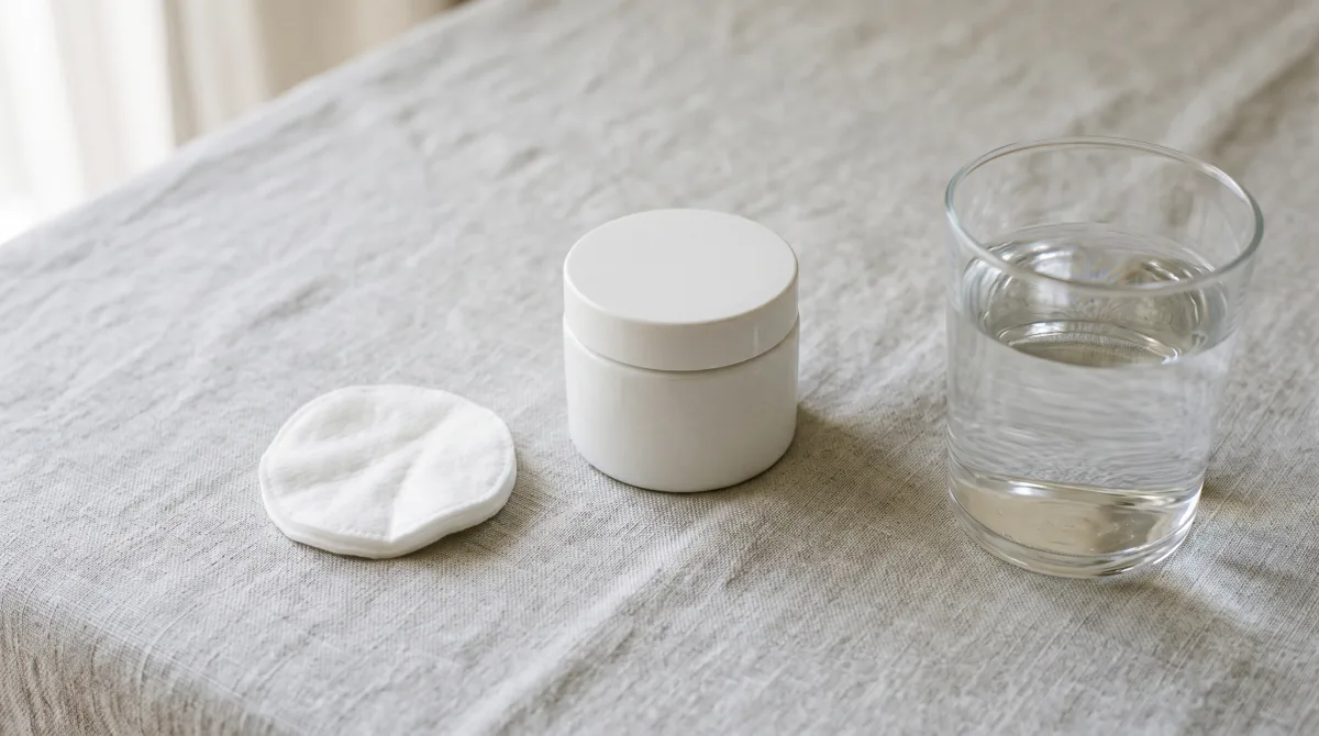 A small unlabeled white jar, a folded cotton pad and a plain glass of water on a pale linen cloth