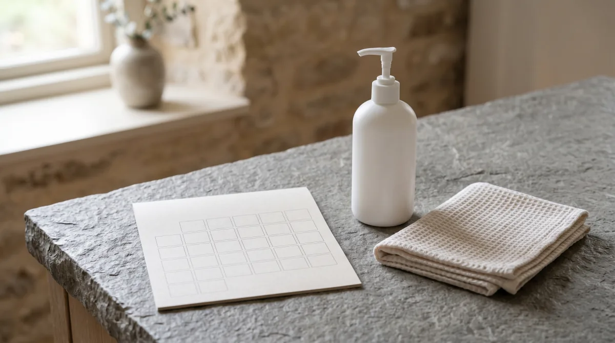 A calendar page, a plain pump bottle and a folded cotton cloth arranged on a grey stone counter