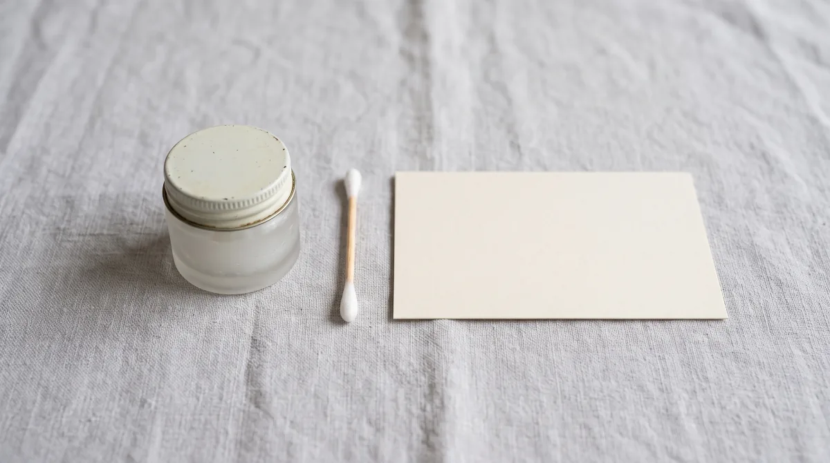 A small sample pot, a cotton bud and a pencilled index card laid out on a pale grey cloth