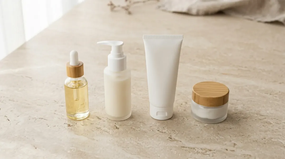 A dropper bottle, a pump bottle, a tube and a small jar in a row on a stone counter, representing four different skincare products