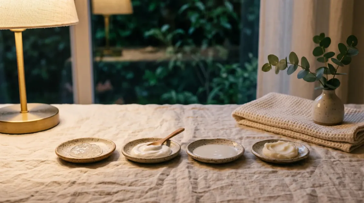 Four small speckled ceramic dishes in a row on a linen tablecloth holding a clear gel, a thick white cream, a thin lotion and a balm, beside a lamp and a folded towel