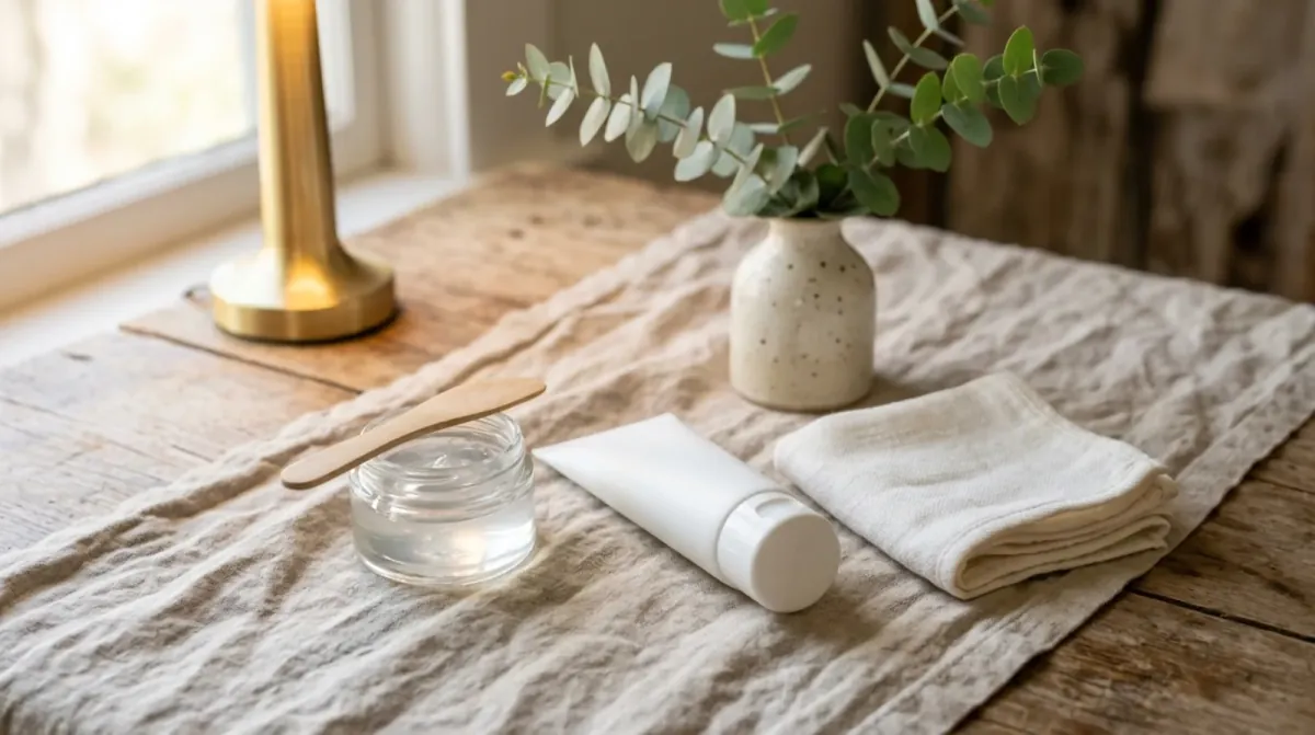 A small glass pot of clear ointment with a wooden spatula across its rim, a plain white tube and a folded cotton cloth on linen