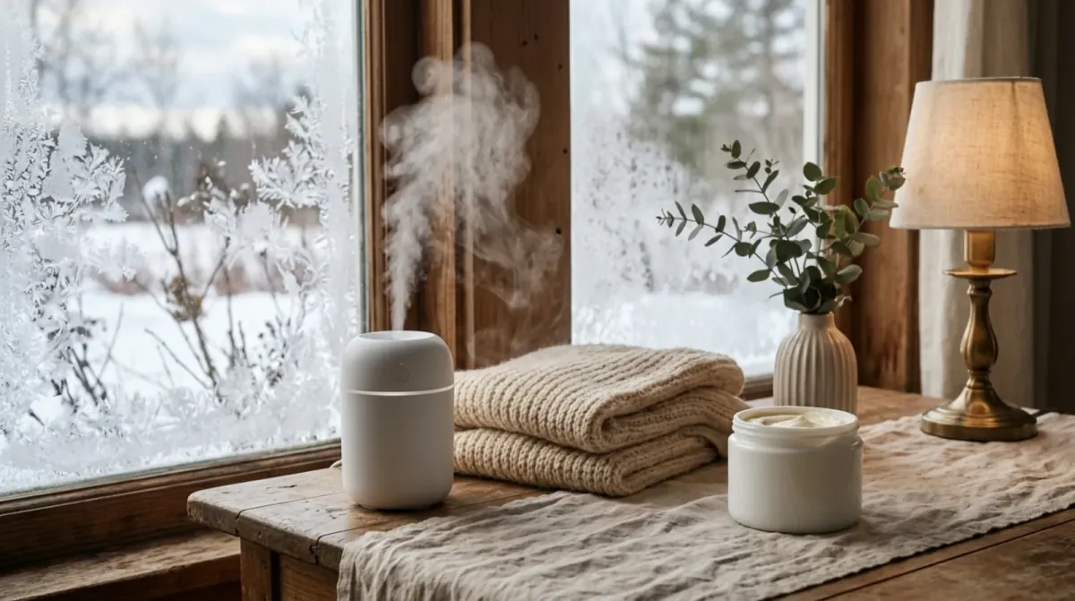 A small white humidifier giving off mist beside a folded knit scarf and an open jar of thick cream on a wooden table by a frosted winter window