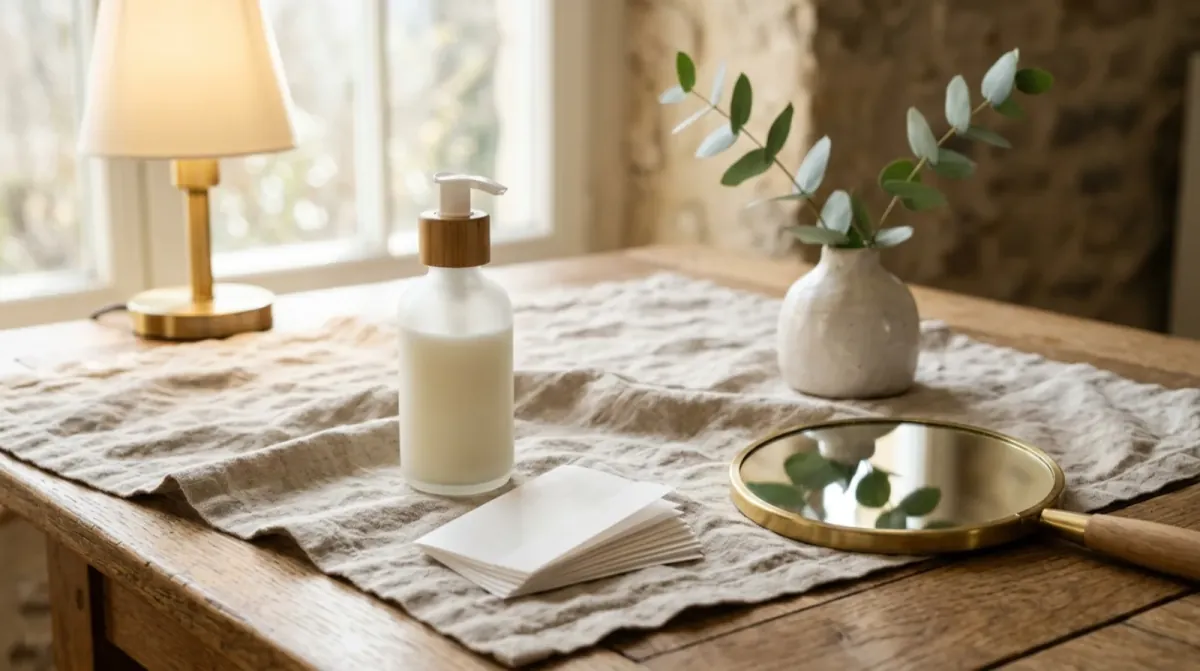 A pump bottle of lotion, a stack of blotting papers and a round brass mirror on a linen cloth, with a lit lamp and a vase of eucalyptus behind