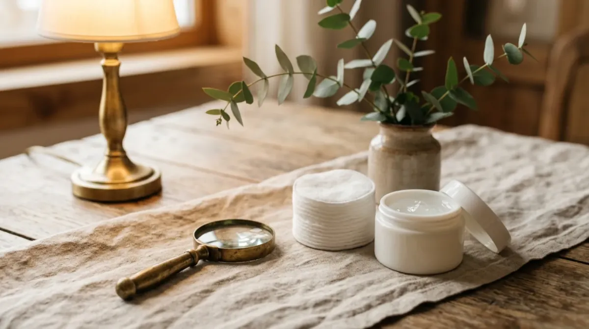 A magnifying glass with a wooden handle, a stack of cotton pads and an open jar of cream on a linen cloth beside a lit table lamp