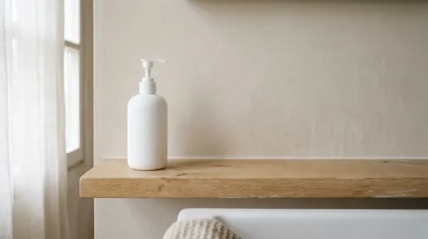One white pump bottle at the end of an almost empty wooden bathroom shelf in soft daylight