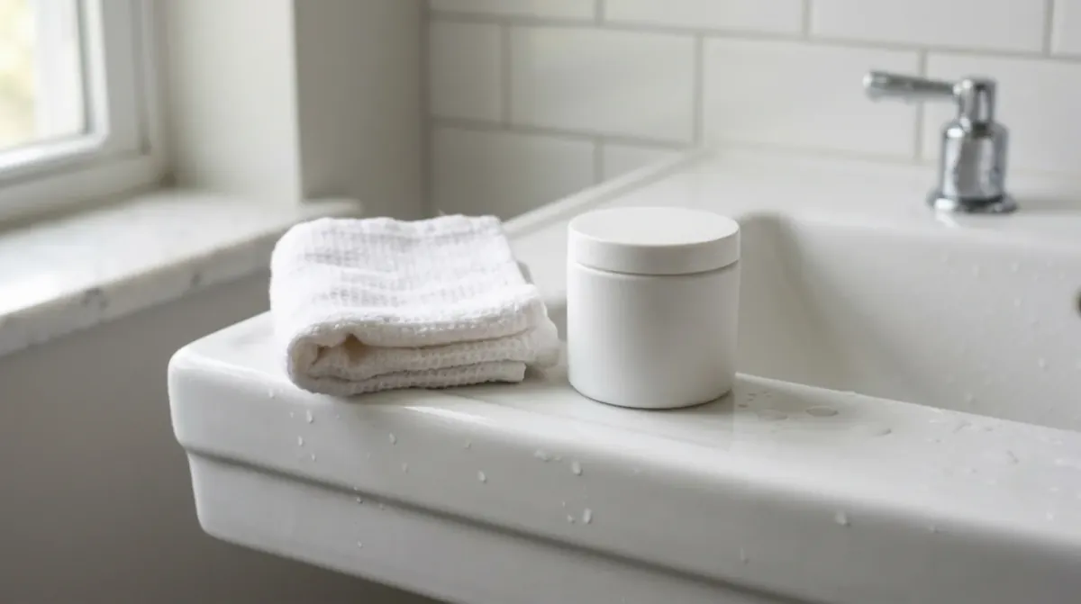 A folded white washcloth and a round white jar on the edge of a wet bathroom sink by a window