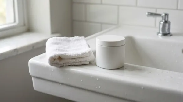 A folded white washcloth and a round white jar on the edge of a wet bathroom sink by a window