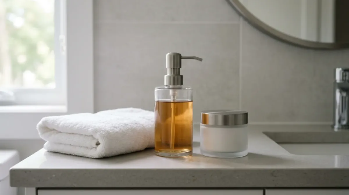 A clear glass pump dispenser of amber liquid, a folded white towel and a frosted jar with a metal lid on a grey bathroom counter under a round mirror