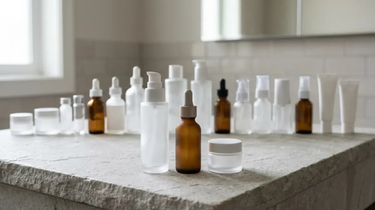 Rows of plain skincare bottles, droppers, pumps, jars and tubes crowded on a stone bathroom counter, with a pump bottle, an amber dropper and a jar set in front