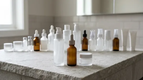 Rows of plain skincare bottles, droppers, pumps, jars and tubes crowded on a stone bathroom counter, with a pump bottle, an amber dropper and a jar set in front