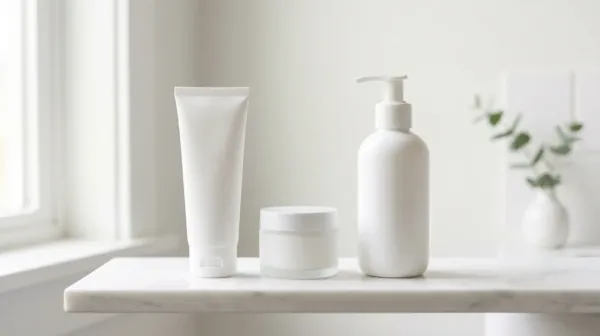 A white tube, a small jar and a pump bottle on a white shelf beside a window in morning light