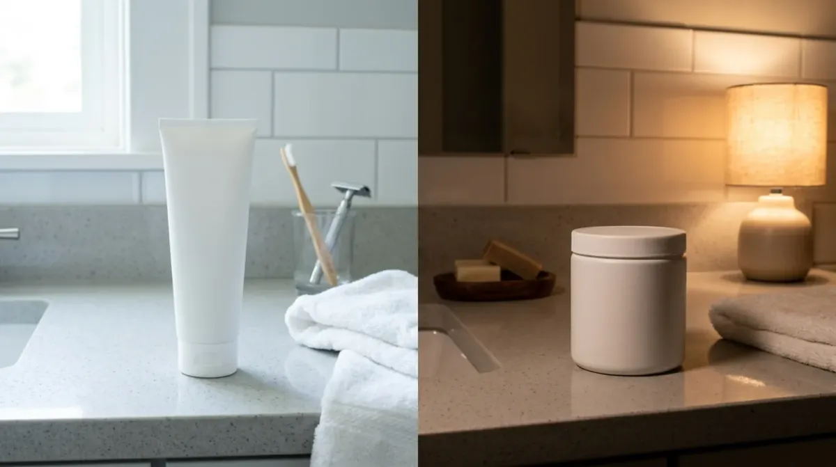 A bathroom counter shown twice, in morning daylight with a white tube, a razor and a toothbrush in a glass, and at night with a white jar under a lamp