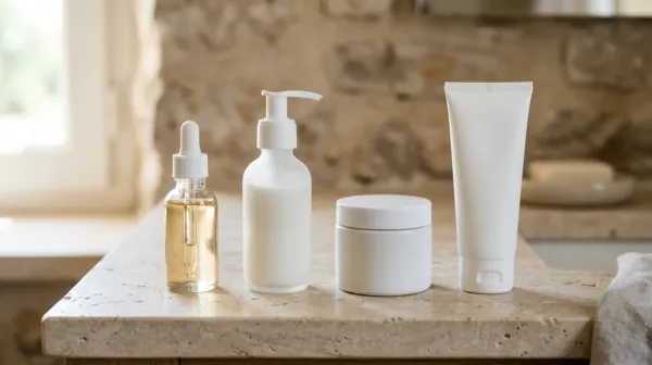 Four plain skincare containers in a row on a stone counter: a dropper bottle, a pump bottle, a jar and a tube