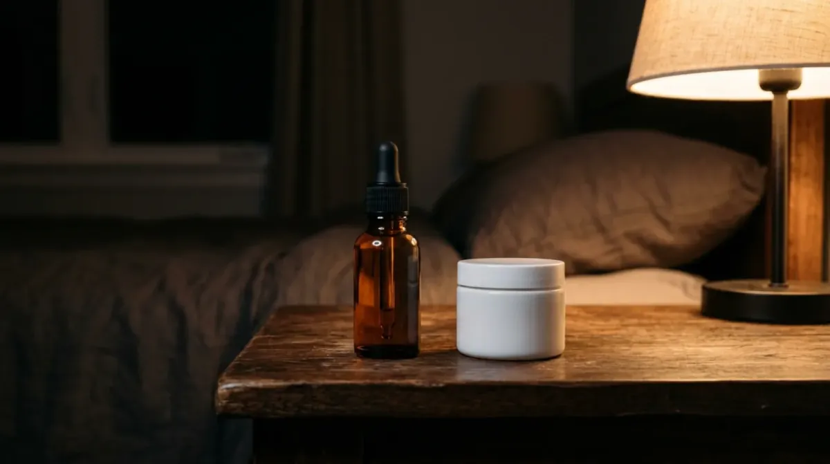 An amber glass dropper bottle and a small white jar on a dark wooden bedside table beside a bed, lit by a lamp at night