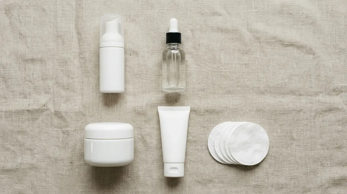 A white foam pump bottle, a clear dropper bottle, a white jar, a white tube and a stack of round cotton pads laid out on beige linen, seen from above