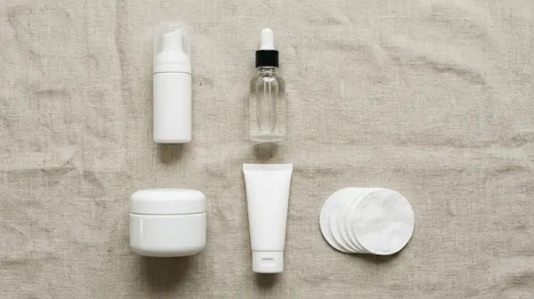 A white foam pump bottle, a clear dropper bottle, a white jar, a white tube and a stack of round cotton pads laid out on beige linen, seen from above