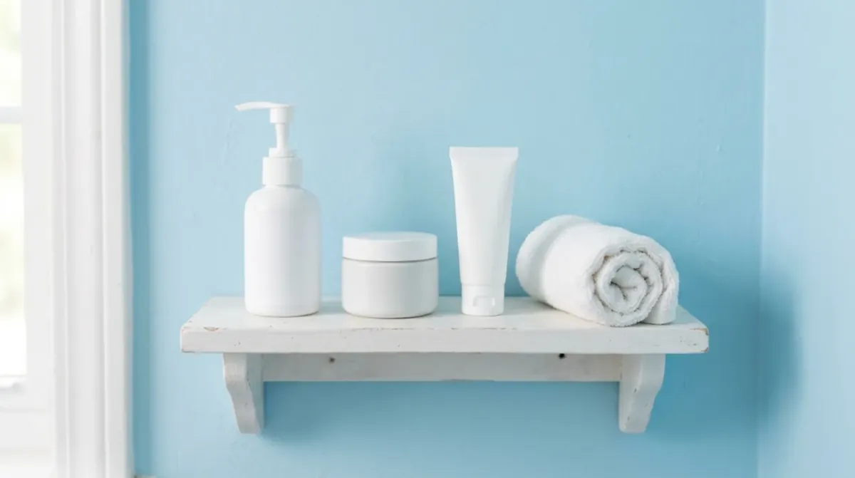 A white pump bottle, a round white jar, a white tube and a rolled white towel on a small white wooden shelf against a light blue wall