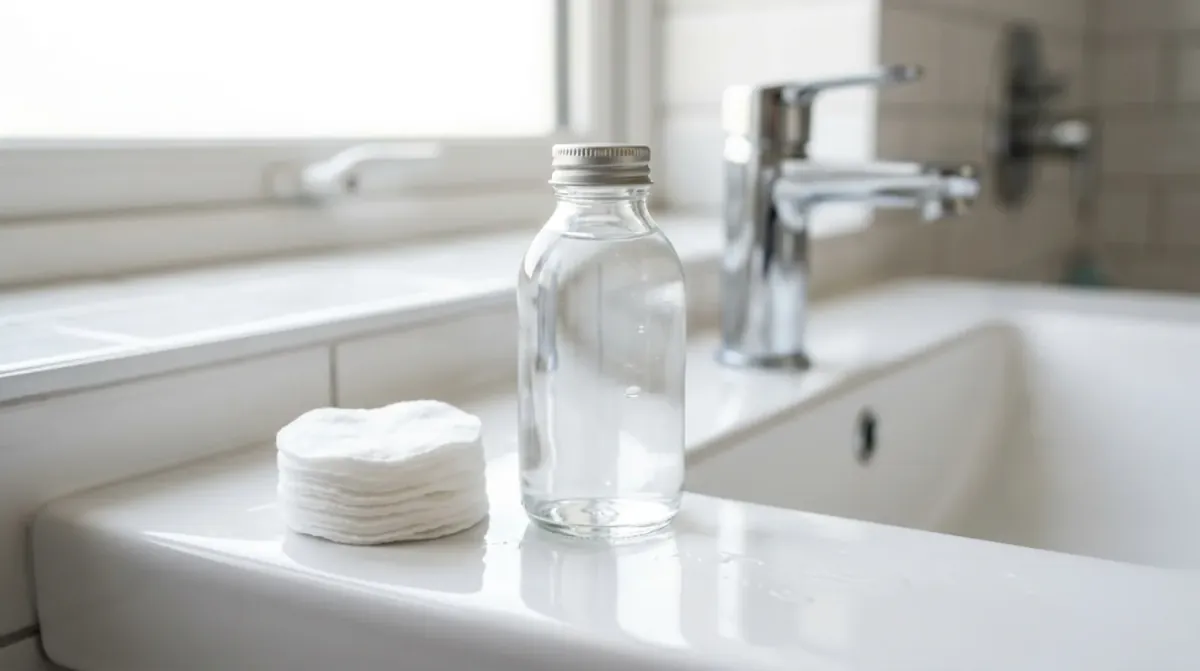 A clear glass bottle of clear liquid beside a stack of round cotton pads on the edge of a white bathroom sink
