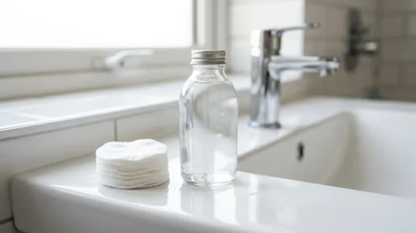 A clear glass bottle of clear liquid beside a stack of round cotton pads on the edge of a white bathroom sink