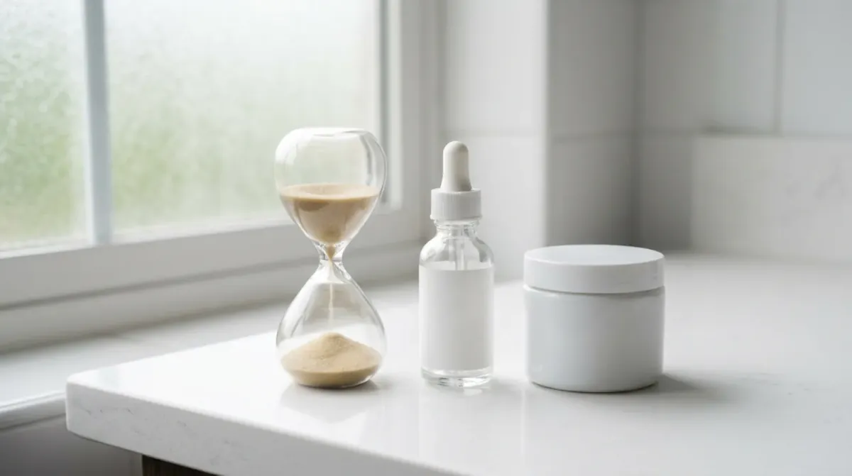 A glass sand timer with pale sand beside a white dropper bottle and a white jar on a white counter by a frosted window