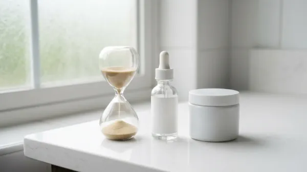 A glass sand timer with pale sand beside a white dropper bottle and a white jar on a white counter by a frosted window