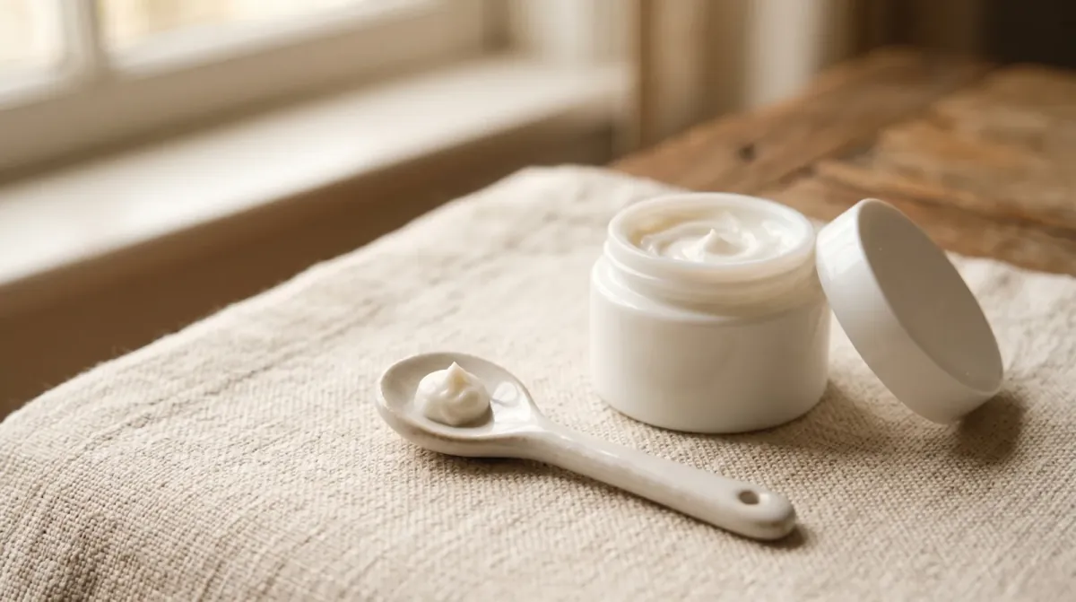 An open white jar of cream with its lid tipped beside it and a small white spoon holding a dab of cream, on a linen cloth by a window