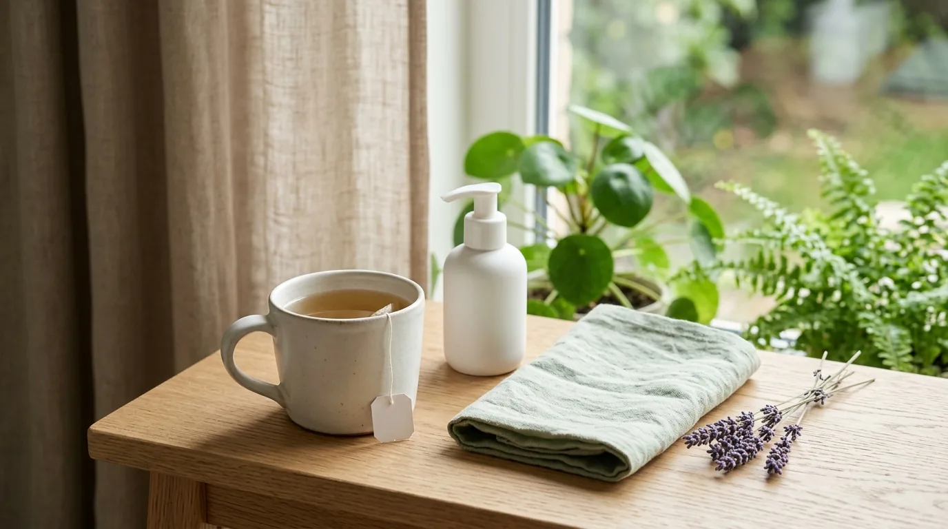 A white ceramic mug of tea with a blank tea bag tag, a plain white pump bottle, a folded sage green cloth and a sprig of dried lavender on a light wooden table by a window