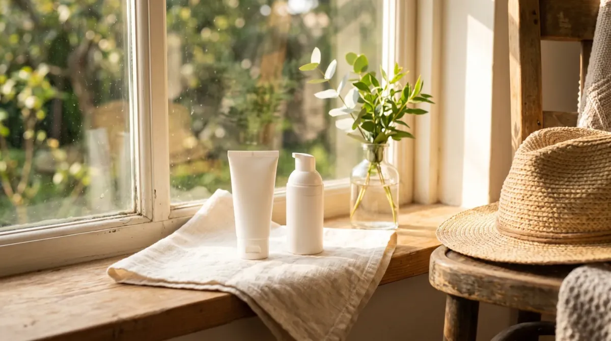 A plain white tube and a white pump bottle on a linen cloth on a sunny wooden windowsill, with a straw hat resting on a wooden chair beside the window