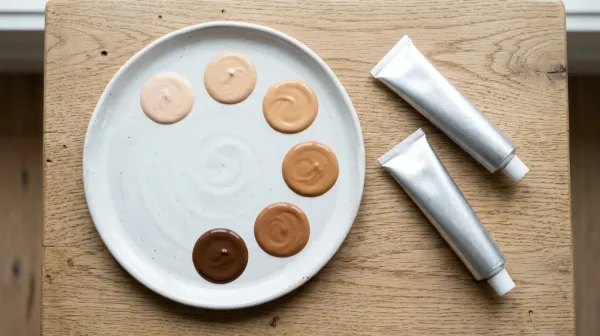 A white ceramic plate with seven swatches of tinted cream from light beige to deep brown beside two plain metal tubes