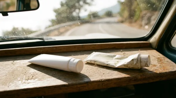 An old, squeezed and stained sunscreen tube next to a new plain white tube on a sunny wooden dashboard shelf