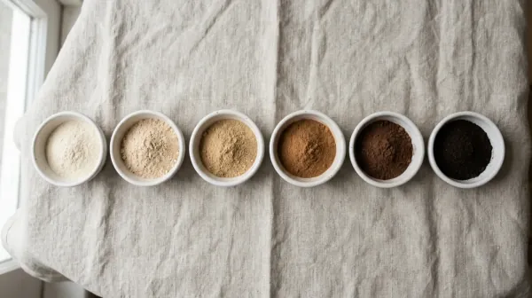 Six small white bowls in a row on linen, holding powders in shades from pale ivory to deep brown-black