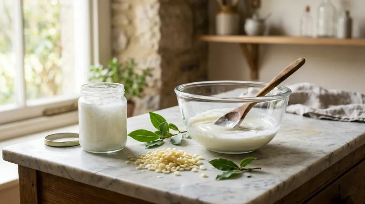 A glass bowl of white cream with a wooden spoon, a small jar, pale yellow flakes and green leaves on a marble kitchen counter