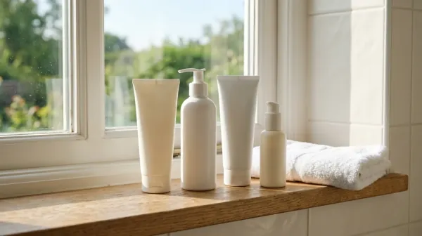 Four plain white and cream sunscreen tubes and pump bottles on a wooden bathroom shelf by a sunny window, next to a folded towel