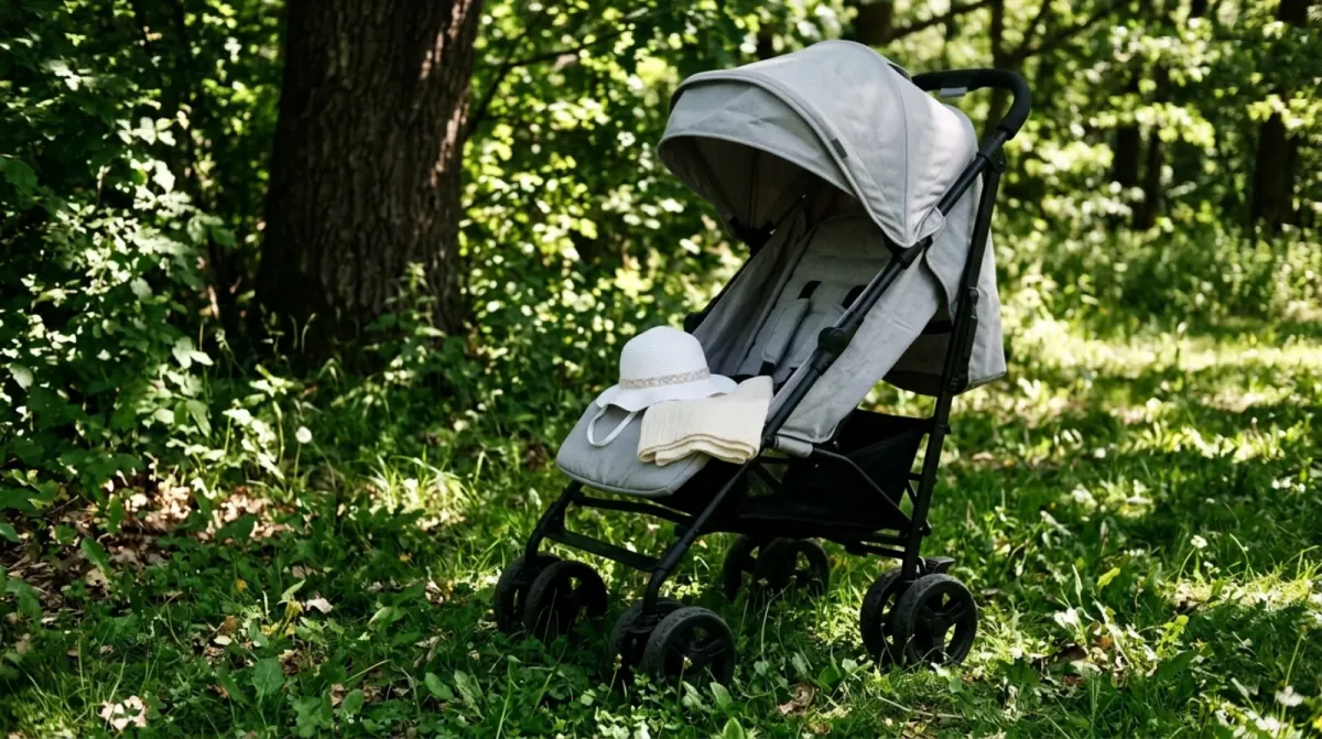 An empty grey baby stroller with a white blanket inside, parked on green grass in the shade of trees