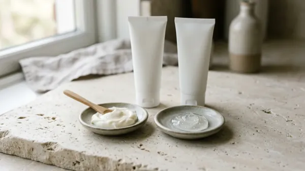 Two small stone dishes on a pale counter, one with thick white cream and one with clear gel, in front of two plain white tubes