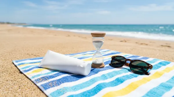 A plain white sunscreen tube, a small hourglass and sunglasses on a striped beach towel on the sand