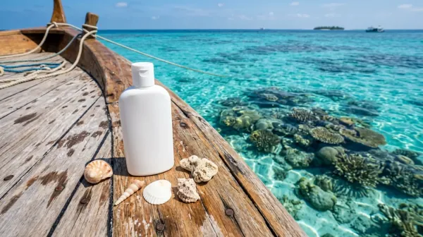 A plain white sunscreen bottle and seashells on the wooden deck of a boat above clear turquoise water and a coral reef