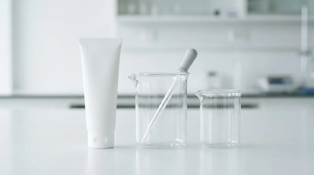 A white tube standing on a white counter beside a glass beaker holding a glass dropper and a second empty beaker