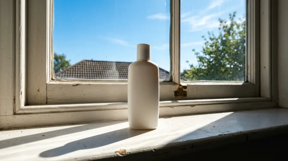A plain white sunscreen bottle on a windowsill, with strong sunlight casting sharp light and shadow across the sill