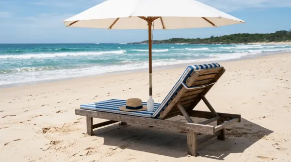 An empty wooden beach lounge chair under a white umbrella with a straw hat and a plain sunscreen bottle on the cushion