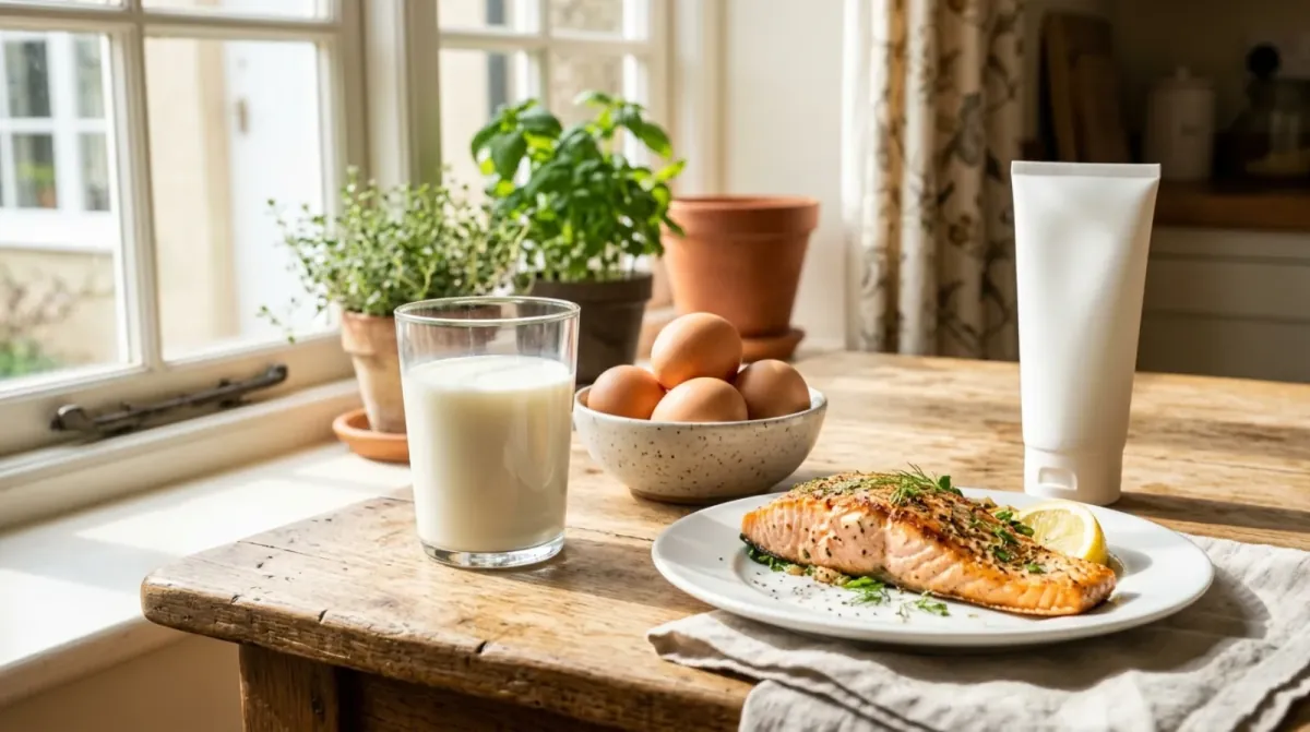 A glass of milk, a bowl of brown eggs, a plate of salmon and a plain white tube on a wooden table by a sunny window