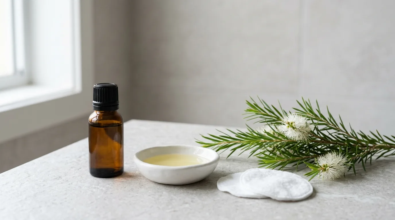 A plain amber glass bottle with a black cap, a small white dish of pale yellow oil, two round cotton pads and a sprig of tea tree with narrow green leaves and fluffy white flowers on a grey stone counter
