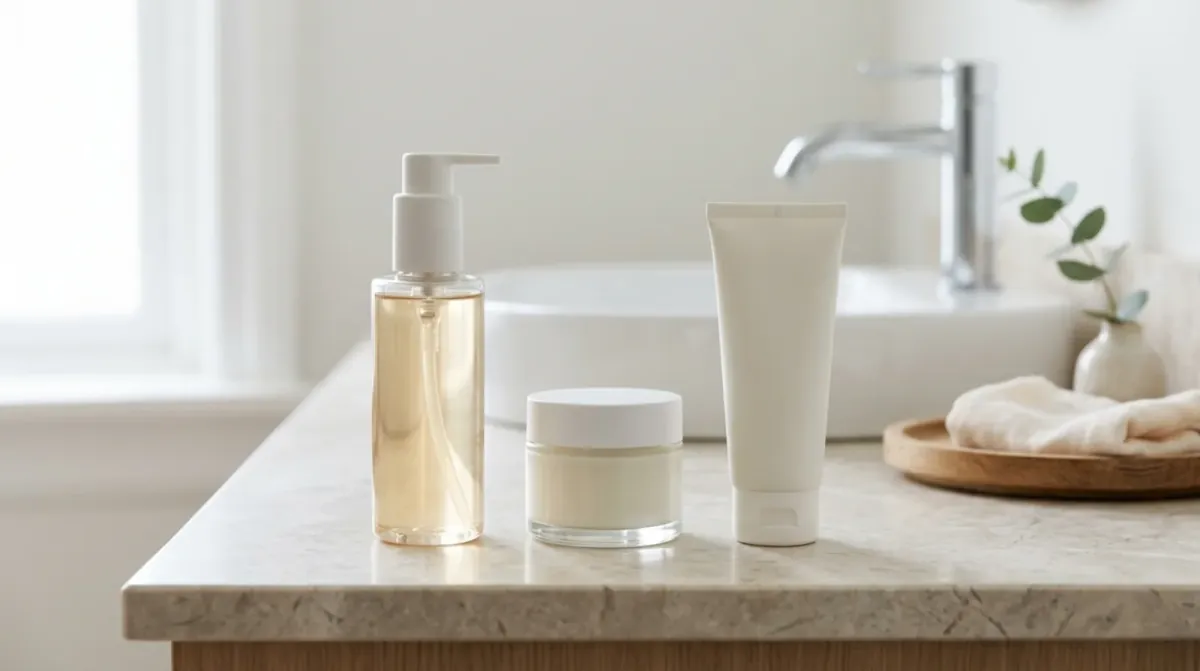 A pump bottle of clear cleanser, a small white jar of cream and a plain white tube on a stone counter beside a bathroom sink