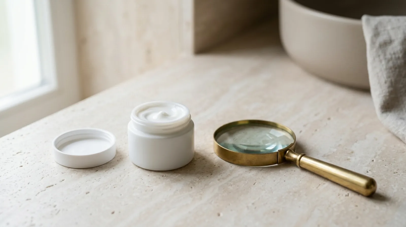A cream jar with its lid off next to a magnifying glass